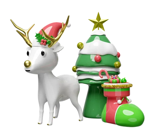 3 D Reindeer With Pine Tree Gift Box Hat Christmas Sock Isolated Merry Christmas And Happy New Year 3 D Render Illustration 3D Illustration