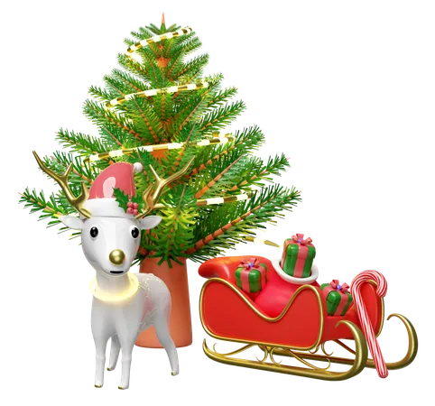 3 D Reindeer With Sleigh Pine Tree Gift Box Hat Isolated Merry Christmas And Happy New Year 3 D Render Illustration 3D Illustration