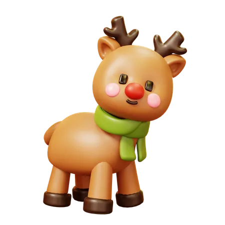 Cute Cartoon 3 D Red Nose Reindeer Character Full Body Idle Greeting With Green Scarf Happy New Year Decoration Merry Christmas Holiday New Year And Xmas Celebration 3D Icon