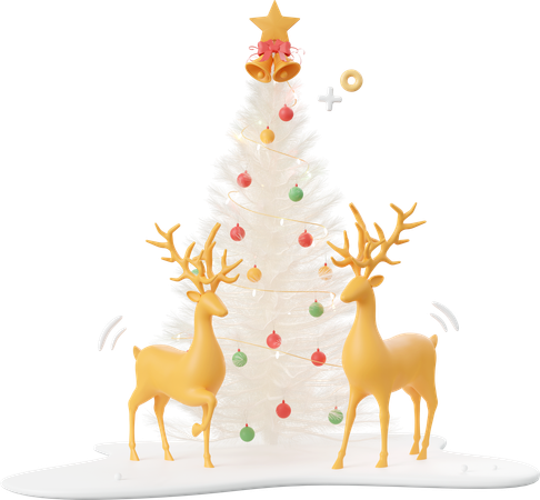 Reindeer And Christmas Tree On Snow Ground  3D Icon