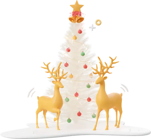 Reindeer And Christmas Tree On Snow Ground  3D Icon