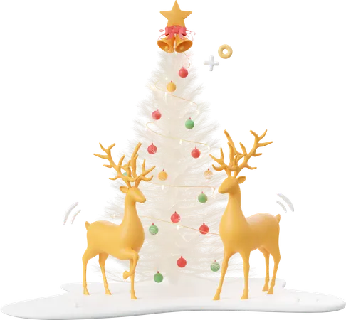 Reindeer And Christmas Tree On Snow Ground Christmas Theme Elements 3 D Illustration 3D Icon