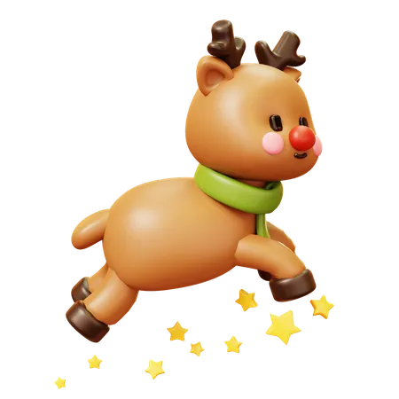 Cute Cartoon 3 D Reindeer Character With Green Scarf Flying Running Stars At Night Happy New Year Decoration Merry Christmas Holiday New Year And Xmas Celebration 3D Icon