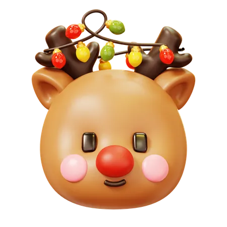 Cute Cartoon 3 D Reindeer Character Head Or Face With Christmas Light Happy New Year Decoration Merry Christmas Holiday New Year And Xmas Celebration 3D Icon