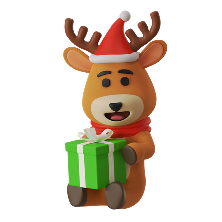 Reindeer Holding Christmas Gift  3D Illustration