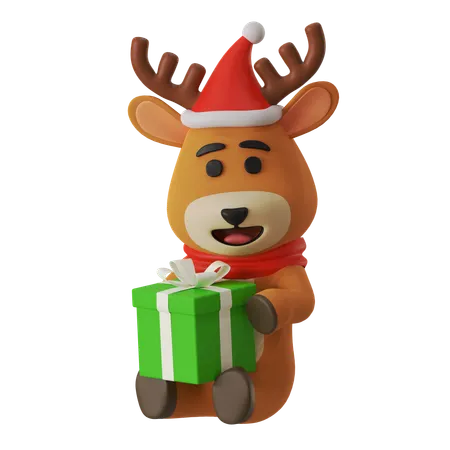 Reindeer Holding Christmas Gift  3D Illustration