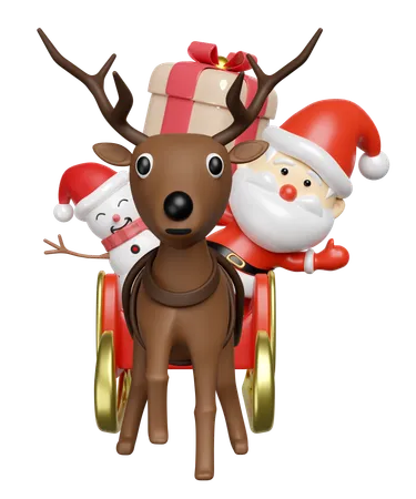 Reindeer is carrying many gifts and santa claus in sledge  3D Illustration