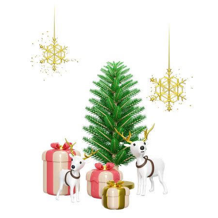 Reindeer is standing along christmas tree  3D Illustration