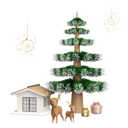 Reindeer is standing near christmas tree  3D Illustration