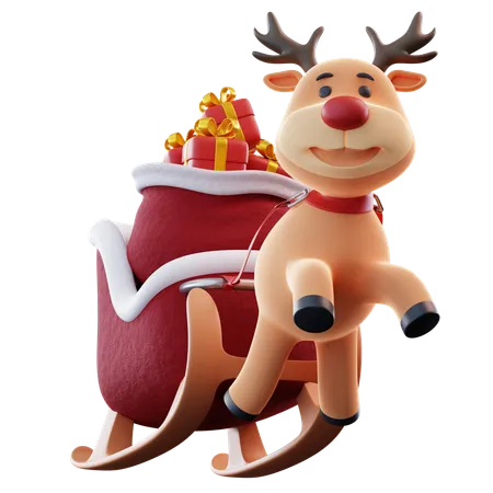 Reindeer Sledge With Gift  3D Icon