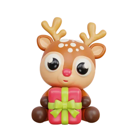 Reindeer With Gift  3D Illustration