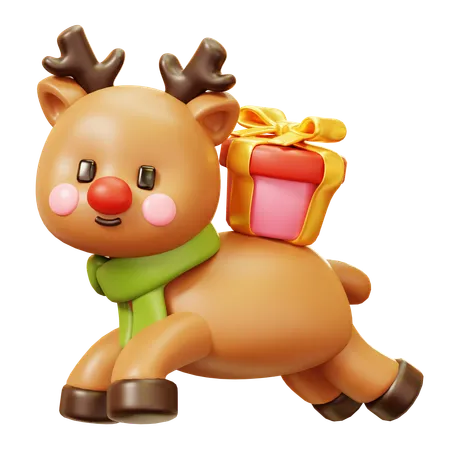 Cute Cartoon 3 D Reindeer Character With Green Scarf And Gift Box Happy New Year Decoration Merry Christmas Holiday New Year And Xmas Celebration 3D Icon