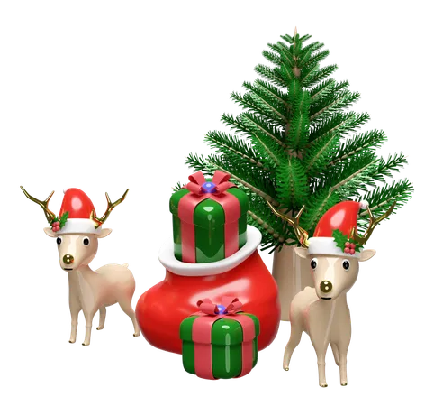 3 D Reindeer With Pine Tree Gift Box Hat Bag Merry Christmas And Happy New Year 3 D Render Illustration 3D Illustration