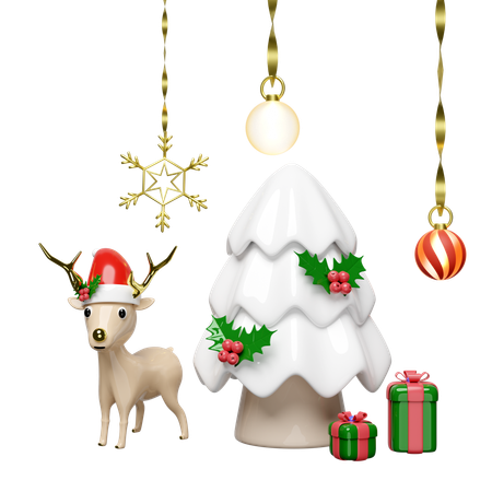 Reindeer With Pine Tree  3D Illustration