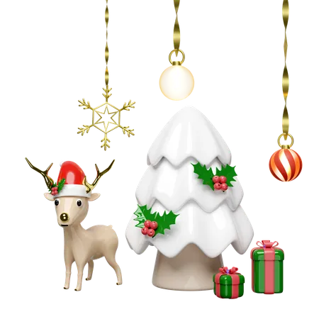 3 D Reindeer With Pine Tree Gift Box Hat Ornaments Glass Transparent Snowflake Isolated Merry Christmas And Happy New Year 3 D Render Illustration 3D Illustration