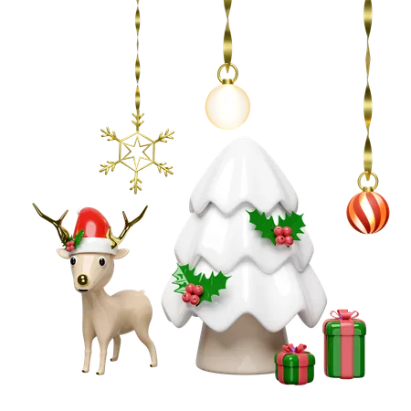 Reindeer With Pine Tree  3D Illustration