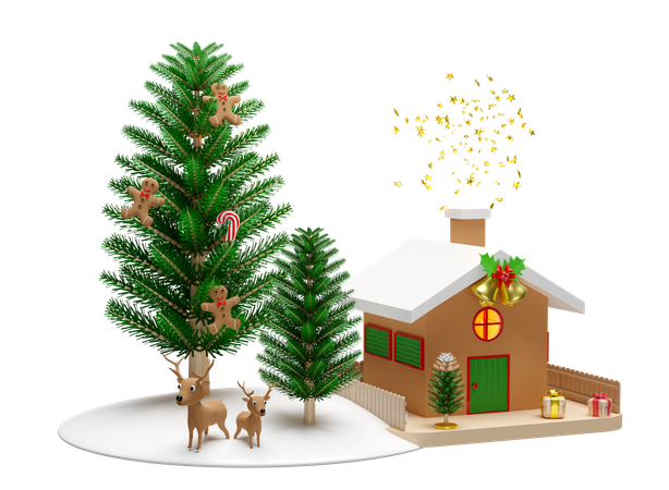 Reindeers are waiting near christmas tree  3D Illustration