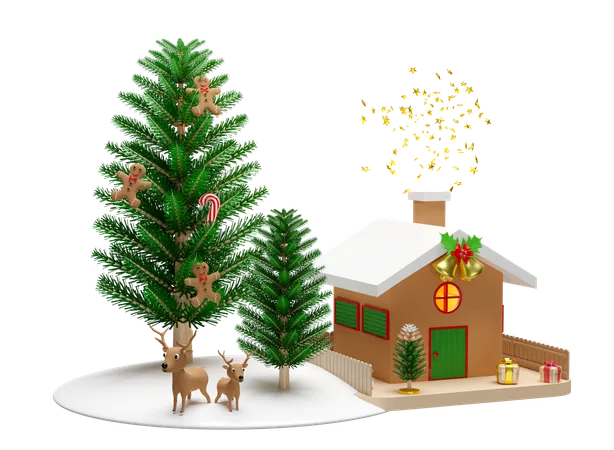 Reindeers are waiting near christmas tree  3D Illustration