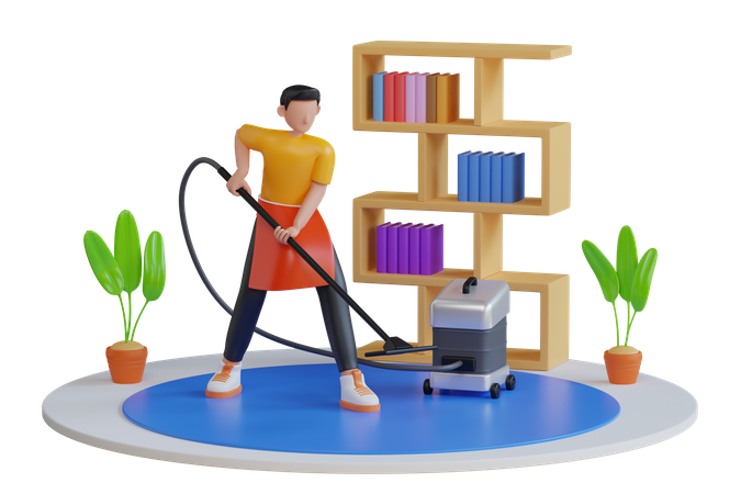 Reinigungskraft mit Staubsauger  3D Illustration