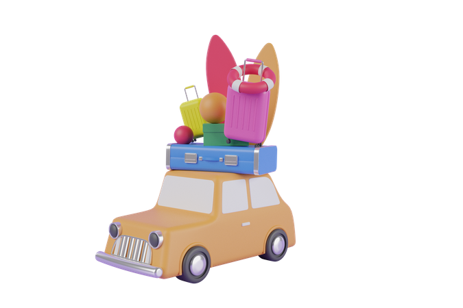 Reiseauto mit wichtigen Dingen auf dem Dach  3D Illustration