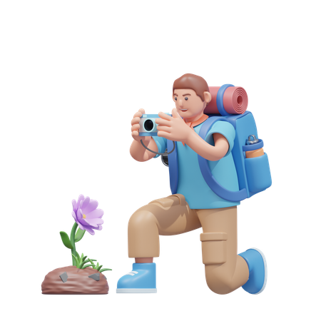 Reisender, der ein Foto von einer Blume macht  3D Illustration