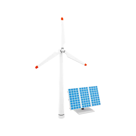 3 D Rendering Solar Panels With Wind Turbines Icon 3 D Render Getting Energy From Nature Icon 3D Icon