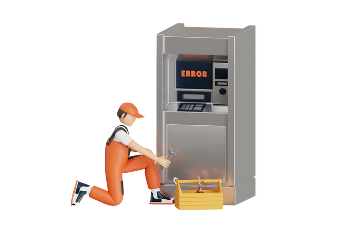 Reparación de cajeros automáticos bancarios  3D Illustration