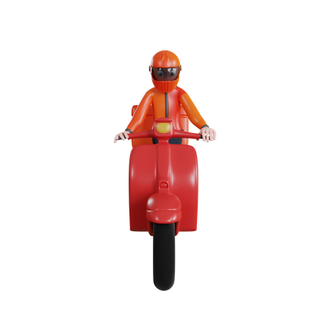 Repartidor con casco y yendo a la entrega en scooter  3D Illustration