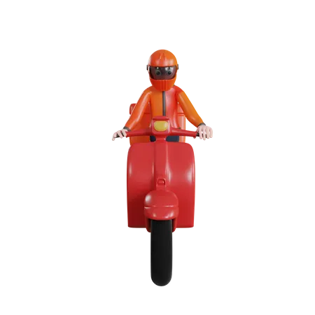 Repartidor con casco y yendo a la entrega en scooter  3D Illustration