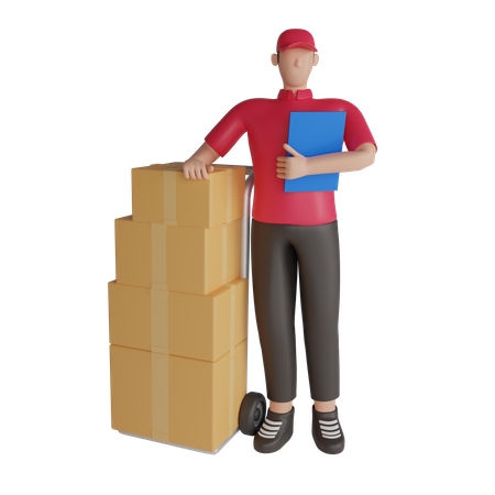 Repartidor con lista de paquetes de almacén.  3D Illustration