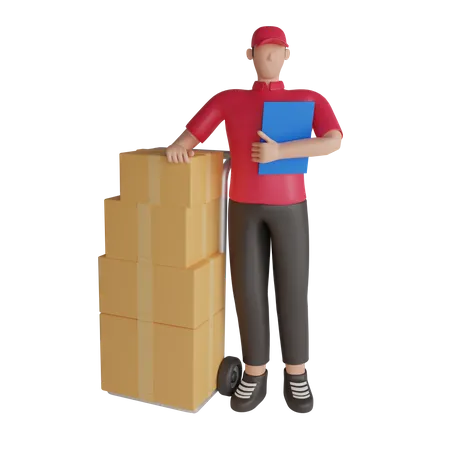 Repartidor con lista de paquetes de almacén.  3D Illustration