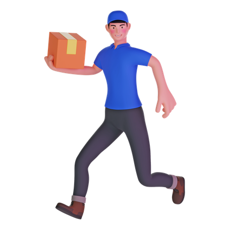 Repartidor corriendo rápido sosteniendo paquete de cartón  3D Illustration
