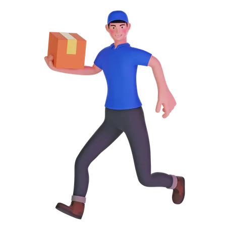 Repartidor corriendo rápido sosteniendo paquete de cartón  3D Illustration