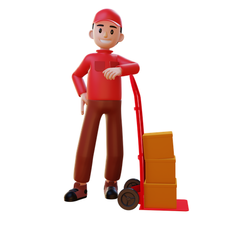 Repartidor de pie con carrito logístico  3D Icon