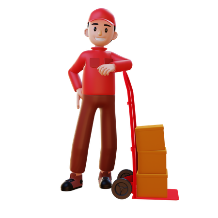 Repartidor de pie con carrito logístico  3D Icon