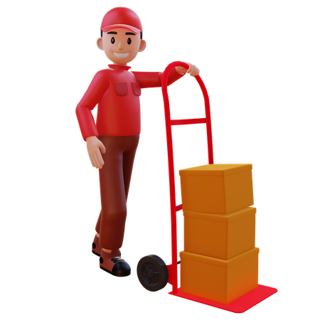 Repartidor de pie con carrito logístico  3D Icon
