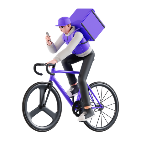 Repartidor andando en bicicleta mientras verifica la ubicación  3D Illustration
