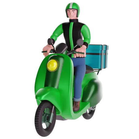 Repartidor en motocicleta con caja de entrega  3D Illustration