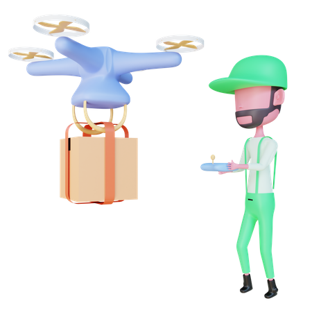 Repartidor entregando paquete a través de drone  3D Illustration