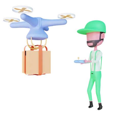 Repartidor entregando paquete a través de drone  3D Illustration