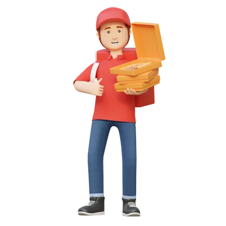 Mensajero Enviando Orden De Entrega De Caja De Pizza Ilustracion De Dibujos Animados En 3 D 3D Illustration