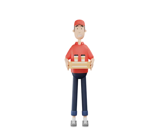 Personaje De Mensajeria 3 D Con Carton De Pizza Y Taza De Cafe 3D Illustration