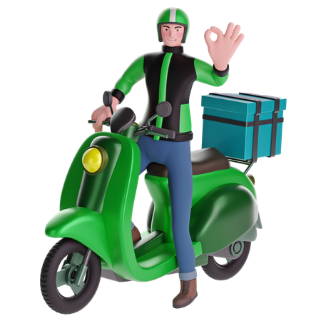 Repartidor haciendo gesto de señal con la mano OK mientras conduce una motocicleta con caja de entrega  3D Illustration