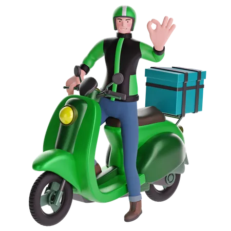 Repartidor haciendo gesto de señal con la mano OK mientras conduce una motocicleta con caja de entrega  3D Illustration