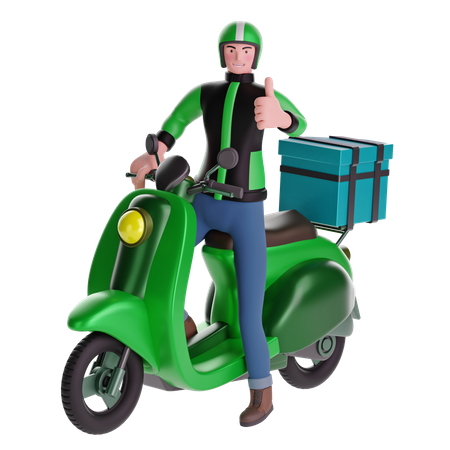 Repartidor con el pulgar hacia arriba mientras conduce una motocicleta con una caja de entrega  3D Illustration