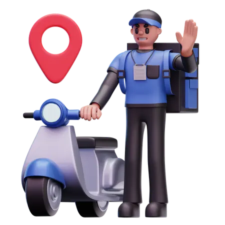Repartidor saludando con la mano mientras está de pie con un scooter  3D Icon