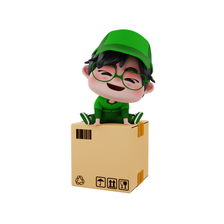 Repartidor sentado en la caja  3D Illustration