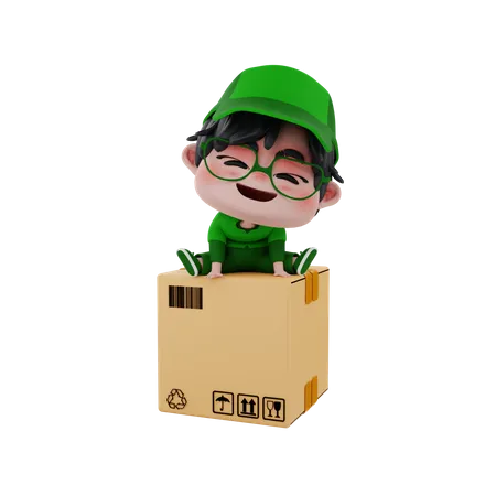 Repartidor sentado en la caja  3D Illustration