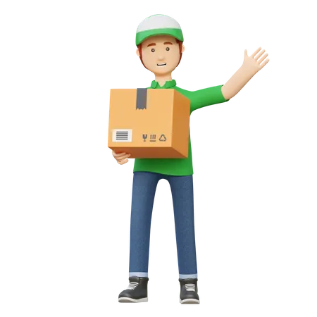 Repartidor sosteniendo la caja del paquete  3D Illustration