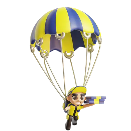 Repartidor sosteniendo paquete con paracaídas  3D Illustration
